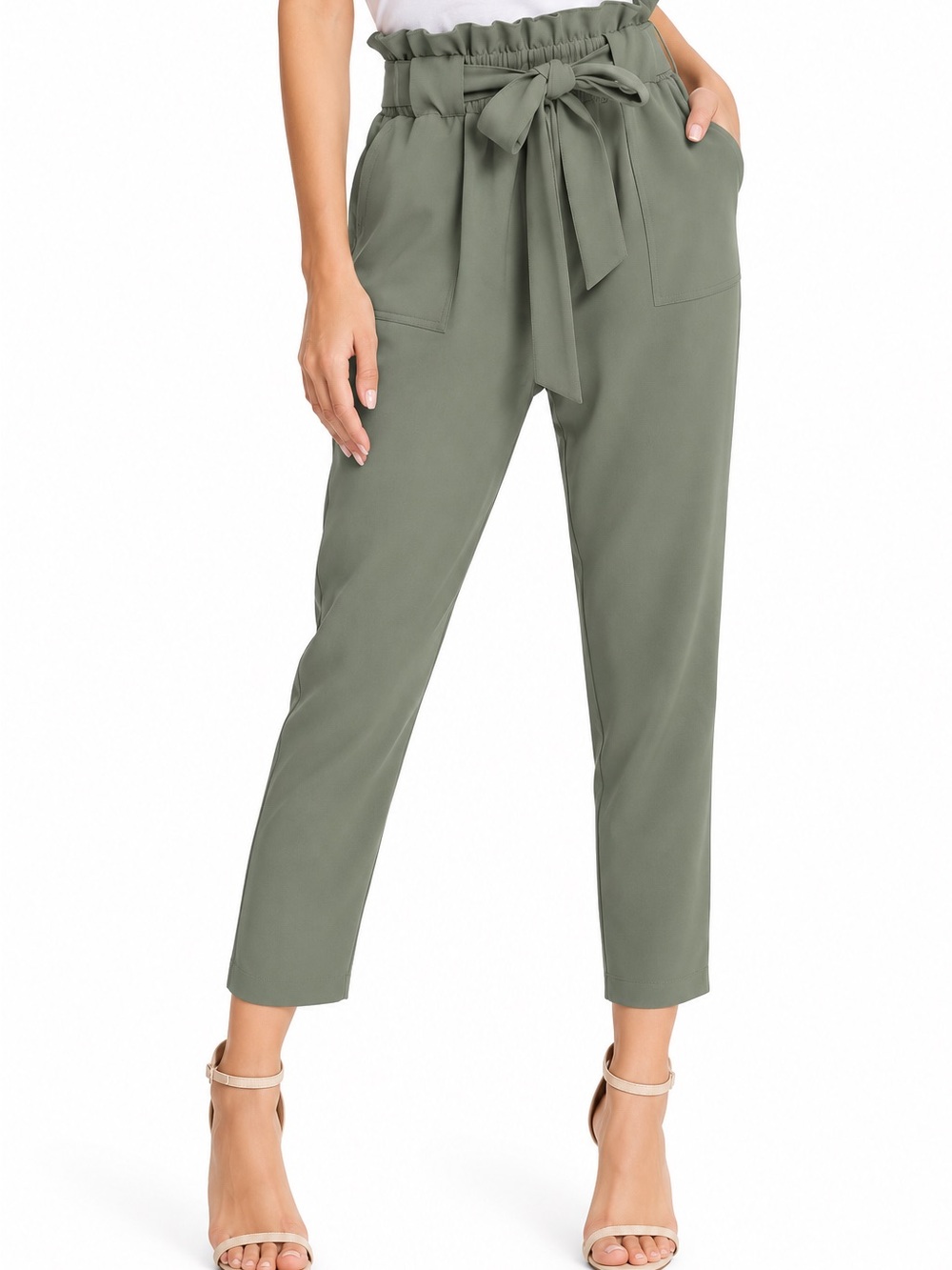Grace Karin High-Waist Paperbag Olive Green Pants with Tie Belt
